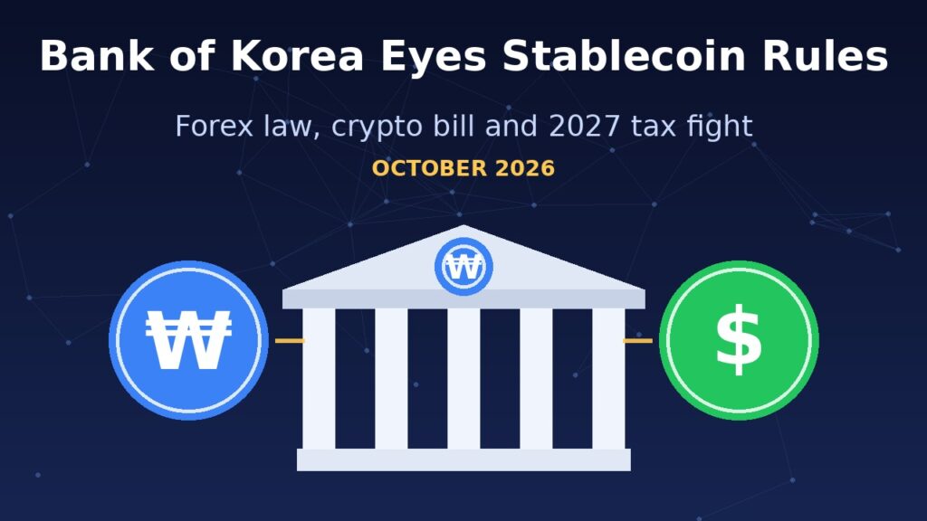 Image of Bank of Korea Wants Stablecoins in Forex Law: South Korea Stablecoin Regulation and 2027 Crypto Tax Fight in HODLCRYPTOS
